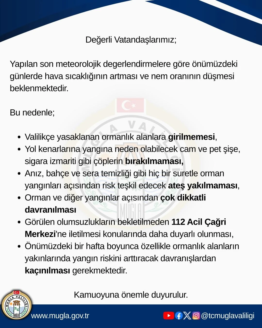 Muğla Valiliği’nden Kritik Uyarı: Orman Yangınlarına Karşı Yüksek Alarm