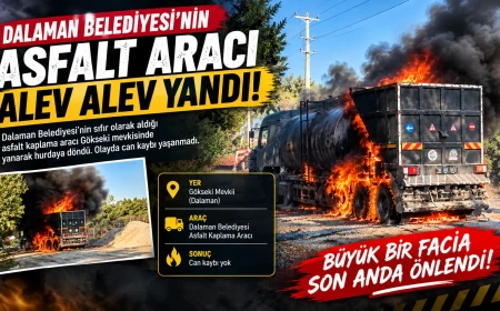 Dalaman Belediyesi'ne Ait Asfalt Aracı Seyir Halindeyken Yandı: Başkan Sezer Durmuş'tan Geçmiş Olsun Mesajı